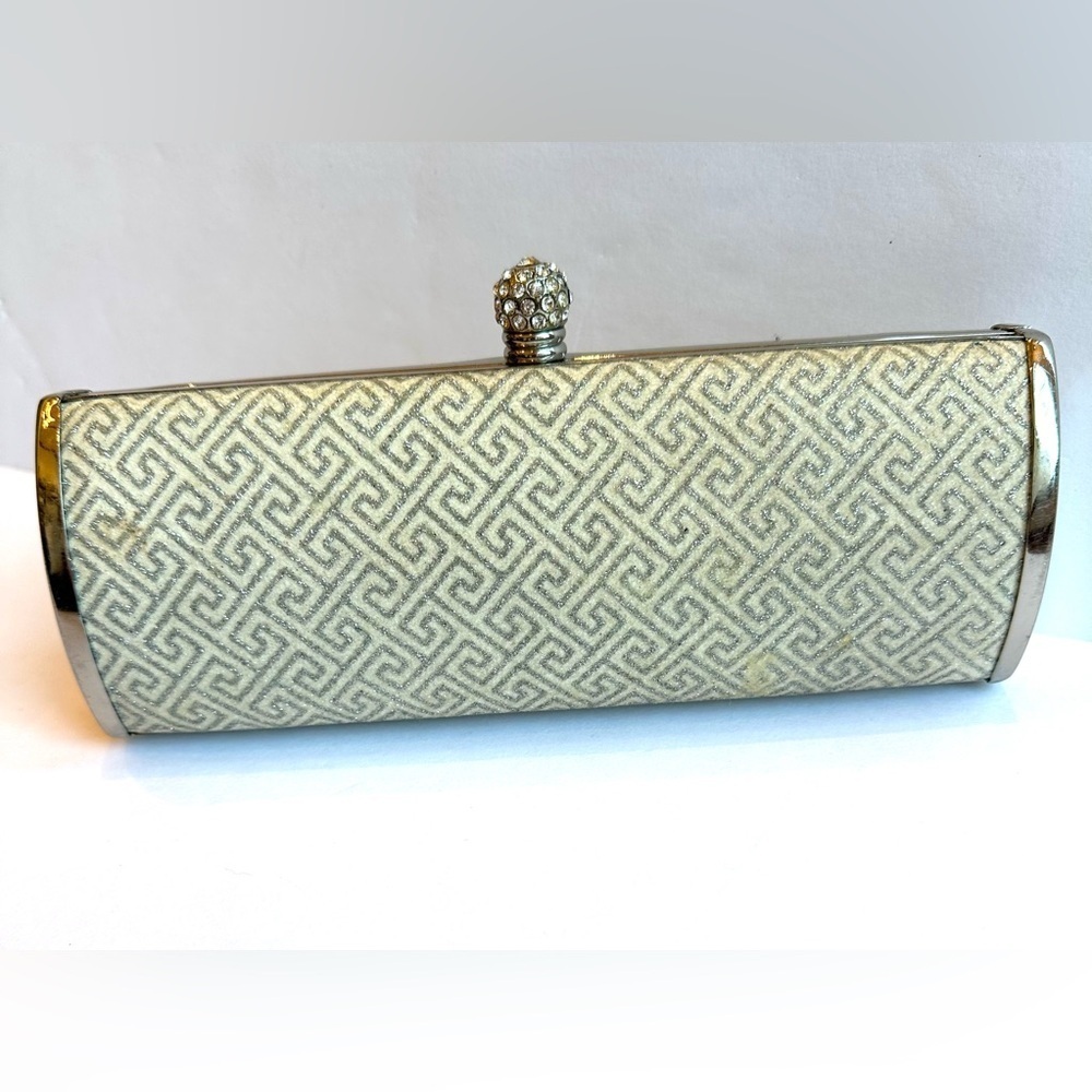 Vintage White with Silver Glitter Design Rhinestone Clasp Elegant Party Clutch